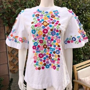 Vintage 60s Embroidered Bell Sleeve Blouse Rainbow